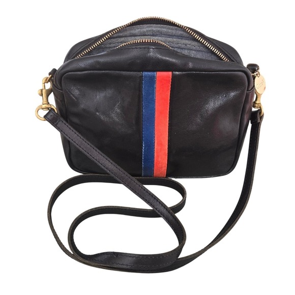 Clare V. Handbags - Clare V Midi Sac Black Leather Crossbody Bag Red Blue Stripe Camera Bag Brass